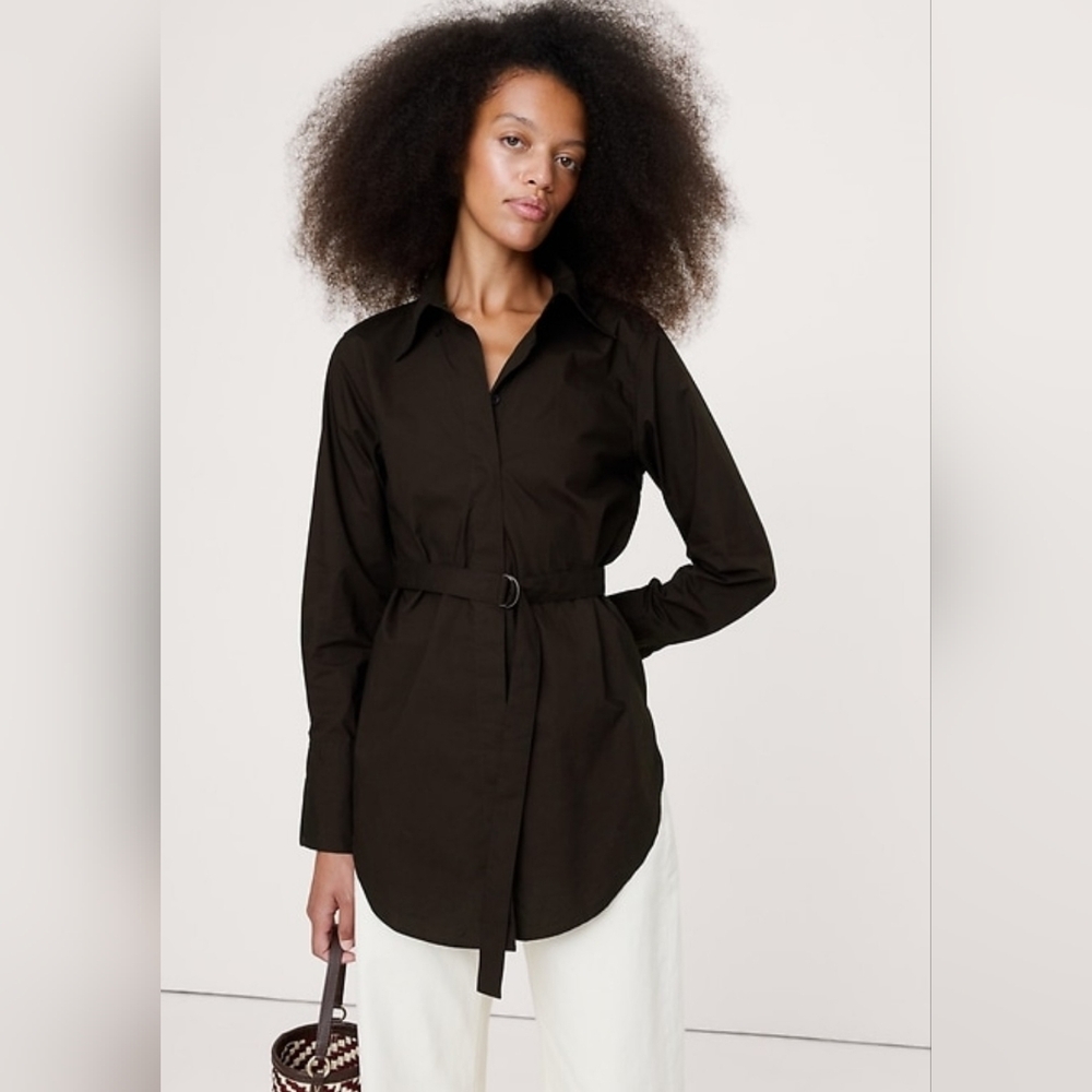EUC Banana Republic Long Sleeve Cotton Poplin Belted Tunic Shirt Medium Petite